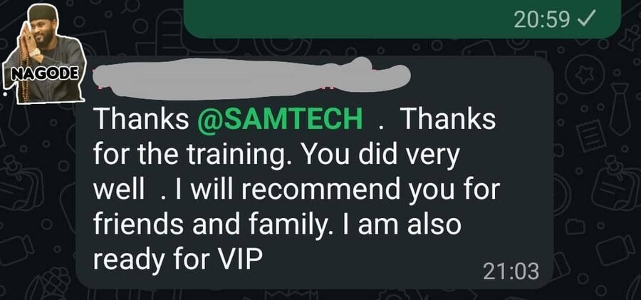 Participant testimonial screenshot