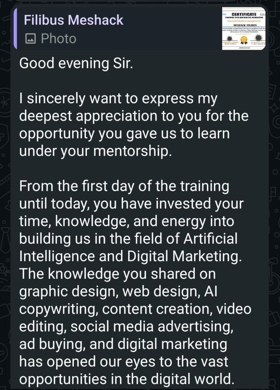 Participant testimonial screenshot with certificate
